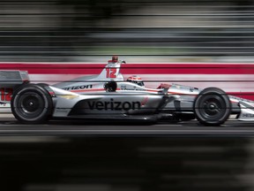 Will Power zooms down the front straight during the first practice session for the Toronto Indy in Toronto on July 13, 2018.