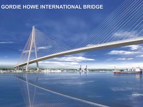An artist's rendering of the Gordie Howe International Bridge — to be the longest cable-stayed bridge in North America. The winning bid to build the landmark project was announced in downtown Windsor on July 5, 2018.
