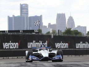 Takuma Sato of Japan takes turn two during the second race of the IndyCar Detroit Grand Prix auto racing doubleheader June 3, 2018, in Detroit.
