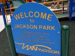 The welcome sign to a play area in Windsor's Jackson Park is shown in this July 2016 file photo.