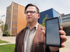 Downtown business owner Jon Liedtke is shown May 9, 2018, in front of city hall after filing a complaint with Windsor's integrity commissioner over Mayor Drew Dilkens blocking him on Twitter.