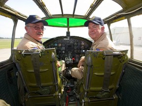 Pilot Richard Petty and pilot and operations officer Travis Major after flying a Mitchell B-25 bomber over Sarnia as part of a tour by the Commemorative Air Force. The B-25 was made famous by the Doolittle Raid, early in the Second World War, that followed the attack by the Japanese on Pearl Harbour. Sixteen B-25s launched off an aircraft carrier and bombed Tokyo before their crews ditched the planes in China.