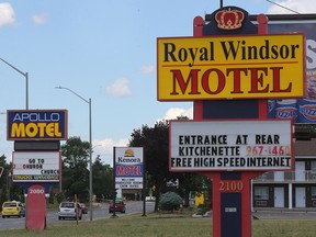 Motels along Huron Church Road in Windsor are shown in this July 17, 2018, file photo. On April 1, Airbnb home-sharing hosts in Windsor have started charging guests a four-per-cent municipal accommodation tax, something hotel and motel guests have been paying since Oct. 1.