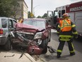 One of those days. Emergency crews work at the scene of a two-car collision in which one vehicle T-boned another vehicle at the intersection of McDougall Avenue and Hanna Street on July 16, 2018. One woman was taken to hospital with unknown injuries. It was just one of a number of Monday crashes locally.