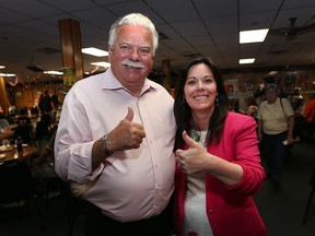 Windsor-Tecumseh MPP Percy Hatfield and Windsor West MPP Lisa Gretzky celebrate their victory at the Royal Canadian Legion Branch 255 in Windsor, on June 7, 2018.