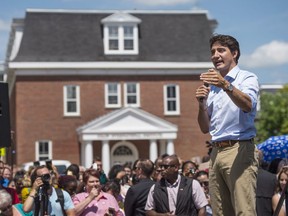 Prime Minister Justin Trudeau addresses a community barbeque at St. Francis Xavier University in Antigonish, N.S. on July 17, 2018.