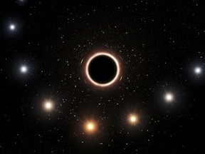 This artist's impression provided by the European Southern Observatory in July 2018 shows the path of the star S2 as it passes close to the supermassive black hole at the center of the Milky Way galaxy. As the star gets nearer to the black hole, a very strong gravitational field causes the color of the star to shift slightly to the red, an effect of Einstein's general theory of relativity. European researchers reported the results of their observations in the journal Astronomy & Astrophysics on Thursday, July 26, 2018.