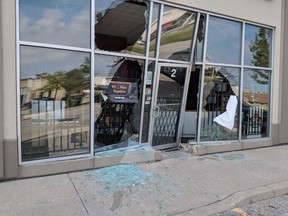 Damage is shown to the entrance at PC Outfitters on Marentette Avenue from an early-morning break-in on July 10, 2018.