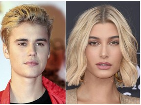 How about a little more drama at Stratford? This combination photo shows singer Justin Bieber at the Cannes festival palace in Cannes, southeastern France on Nov. 7, 2015, left, and model Hailey Baldwin at the Billboard Music Awards in Las Vegas on May 20, 2018. Bieber, 24, and Baldwin, 21, are engaged after a month of dating.