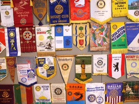 An exhibit focusing on 100 years of the Rotary Club of Windsor opened at the Chimczuk Museum in Windsor on Wednesday, July 18, 2018. Rotary banners from around the world that were exchanged with local members are shown.