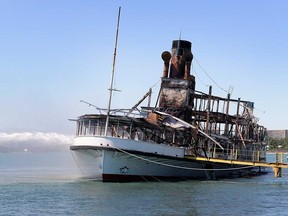 The remains of the SS Ste. Claire after it was destroyed by fire on July 6, 2018. Originally built in 1910, the historic vessel was one of the main ferries to Boblo Island. A welding mishap during restoration efforts is being blamed for the fire.