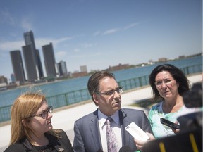 Local NDP MPs Tracey Ramsey, left, Brian Masse and Cheryl Hardcastle held a news conference on July 9, 2018, to discuss the impact of U.S. import tariffs on the automotive sector.