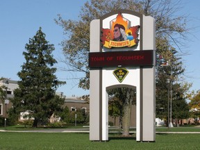 The Tecumseh logo is seen at the O.P.P. headquarters near the municipal offices.