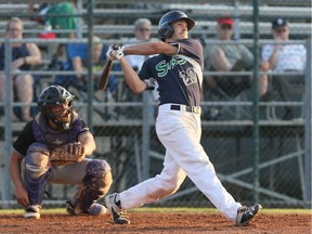 Windsor Stars Jake Lumley knocks a single in the first inning against Tecumseh Thunder in Ontario Senior Elimination Tournament at Cullen Field August 3, 2018.