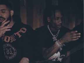 A screen grab from Travis Scott's Instagram account shows a photo posted Aug. 21 of rapper Drake, left, wearing Hells Angels support gear.