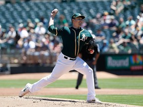 Trevor Cahill #53 of the Oakland Athletics pitches in the first inning against the Detroit Tigers at Oakland Alameda Coliseum on Aug. 5, 2018, in Oakland, California.