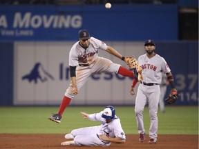 Xander Bogaerts #2 of the Boston Red Sox turns a game-ending double play in the ninth inning during MLB game action as Randal Grichuk #15 of the Toronto Blue Jays slides into second base at Rogers Centre on Aug. 8, 2018, in Toronto.
