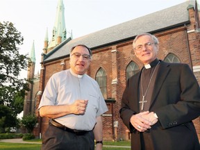 Windsor, Ontario.  August 14, 2018.  Bishop Ronald Fabbro and Father Thomas Rosica, of Toronto-based Salt and Light Catholic TV head to Assumption Church for a showing of a documentary on the 250-year history of Assumption Church Tuesday August 14, 2018.  See story by Trevor Wilhelm. (NICK BRANCACCIO/Windsor Star).