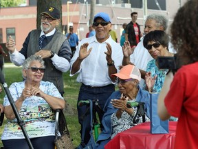 McDougall Park Street Reunion participants Estella White, bottom left, Florence Logan and Dileana Larkin, right, were joined by Al "Hugo Feelgood" Croscut, top left, Joey Morgan, and Nancy Allen, right, singing to Respect by Aretha Franklin, at Wigle Park on August 18, 2018.