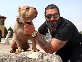 Aladdin Khalifa, owner of Elite K9K on Concession 6 North in Amherstburg Aug. 17, 2018. Khalifa poses with a pocket bully named Gladius outside his family home.