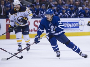 Toronto Maple Leafs center William Nylander  scored twice tonight as the Leafs beat the Sabres  at the Air Canada Centre in Toronto on April 2, 2018. Nylander is seeking a contract with hopes of staying in Toronto.