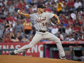 Detroit Tigers starting pitcher Jacob Turner throws during the first inning of the team's baseball game against the Los Angeles Angels on Tuesday, Aug. 7, 2018, in Anaheim, Calif.