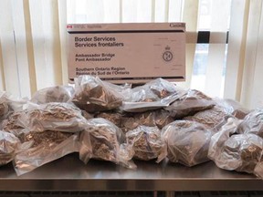 A Canada Border Services Agency photo shows 38.952 kilograms of suspected marijuana at the Ambassador Bridge in Windsor.