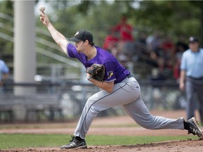 WINDSOR, ONT:. AUGUST 9, 2018 -- Tecumseh Thunder's Chris Horvath pitches against the Strathroy Royals at Cullen Field, Saturday, August 11, 2018.