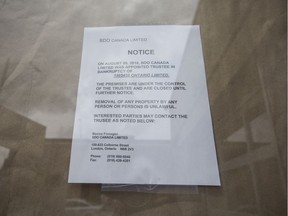 A notice of bankruptcy is posted on the door of the former Good Neighbour, a restaurant owned by the late Mark Boscariol on Aug. 20, 2018.