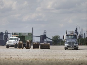 Construction equipment is seen at the location of the Gordie Howe International Bridge on Aug. 30, 2018.
