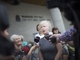 Philippa von Ziegenweidt, spokeswoman for Citizens for an Accountable Mega-hospital Planning Process (CAMPP), speaks to reporters outside Windsor city hall on Aug. 7,  2018.