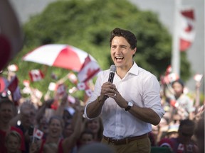 Prime Minister Justin Trudeau gives his address to the nation as he visits Leamington outside Highbury Canco, to celebrate Canaday Day, on July 1, 2018.