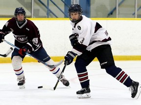 Team White's Jack Zekelman (3) plays against Team Maroon in a scrimmage at the Chatham Maroons' training camp at Thames Campus Arena in Chatham, Ont., on Sunday, Aug. 19, 2018. Mark Malone/Chatham Daily News/Postmedia Network