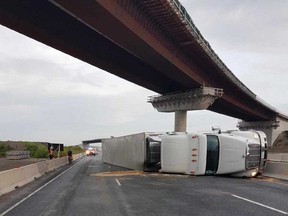 A view of the transport truck rollover on Highway 401 near Courtice Road in the Durham region on Aug. 7, 2018.