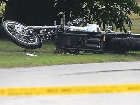 A damaged motorcycle is shown on the East Ruscom River Road in Lakeshore on Thursday, August 9, 2018. A male motorcyclist died around 7:00 p.m. after crashing his bike on the road.