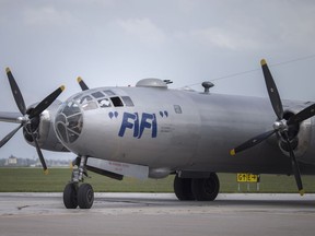 Fifi, a B-29 bomber from the Second World War, lands at Windsor International Airport on Aug. 20, 2018, for the Commemorative Air Force Air Power History Tour.