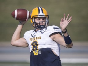 WINDSOR, ONT:. AUGUST 12, 2018 -- Lancers quarterback, Sam Girard, practices as the team opens training camp, Sunday, August 12, 2018.