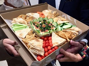 A hummus platter at the announcement of the first ever Windsor Hummus Festival, set to take place Sept. 23, 2018, at Windsor's Catholic Central High School. Hummus courtesy of the University of Windsor's food services, Aug. 23, 2018.