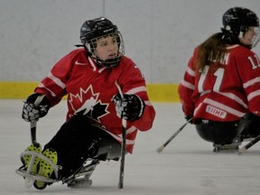Jessica Matassa, forward on the Canadian Women's Sledge Hockey Team, manoeuvres on the ice in a game during the 2017/2018 season. Matassa is competing for a spot on the team again this year at tryouts held in Amherstburg from August 31 to September 2.