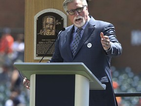Former Detroit Tigers pitcher and Hall of Fame inductee Jack Morris addresses the crowd before a ceremony where his number was retired before the start of the Tigers and the Minnesota Twins baseball game, Sunday, Aug. 12, 2018, in Detroit.