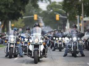 Bikers take part in the 10th annual On a Mission for the Mission motorcycle ride, Sunday, August 26, 2018, with proceeds going towards food for the Downtown Mission.