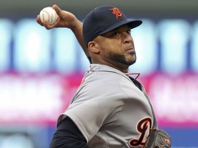 Detroit Tigers pitcher Francisco Liriano throws to a Minnesota Twins batter during the first inning of a baseball game Thursday, Aug. 16, 2018, in Minneapolis.