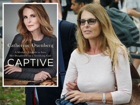 Catherine Oxenberg, author of the book Captive (inset), leaves federal court in Brooklyn, Wednesday July 25, 2018, in New York. Oxenberg's daughter India has been named in a criminal complaint against an upstate New York group called NXIVM, accused of branding some of its female followers and forcing them into unwanted sex. (AP Photo/Bebeto Matthews)