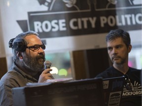 Paul Synnott and Doug Sartori ,right, host the first live Rose City Politics podcast on their new platform 255 Ouellette Ave. on June 14,  2017.