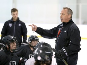LaSalle Vipers head coach and general manager John Nelson addresses the team during practice at Vollmer Centre.
