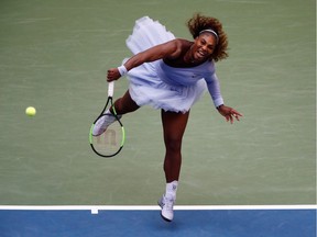 Serena Williams of the United States serves during her women's singles fourth round match during Day Seven of the 2018 US Open at the USTA Billie Jean King National Tennis Center on Sept. 2, 2018 in the Flushing neighborhood of the Queens borough of New York City.