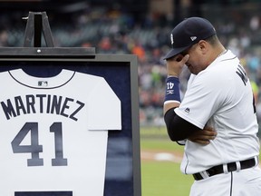 Victor Martinez #41 of the Detroit Tigers wipes away tears during his retirement ceremony before the game against the Kansas City Royals, the final game of his career, at Comerica Park on Sept. 22, 2018 in Detroit.