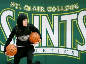 Noor Bazzi, shown Sept. 12, 2018, is playing varsity basketball with St. Clair College. She is the first player in Saints history to wear the hijab while on the hardwood.
