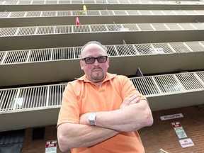 Richard Roy, a resident at Harbour Towers, a nine-storey apartment building on Pillette Road at Riverside Drive East September 26, 2018. Roy would like candidates to make an appointment with the manager and have "an open forum" at a specific time, rather than wandering around the building knocking on doors.