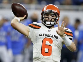 Cleveland Browns quarterback Baker Mayfield throws against the Detroit Lions, Thursday, Aug. 30, 2018, in Detroit. (AP Photo/Duane Burleson)